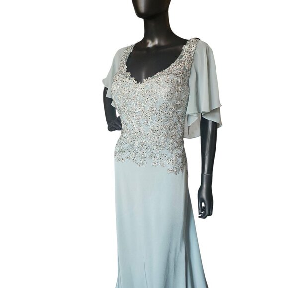 NWT Deep Aqua/Silver Embroidered Chiffon Flutter Sleeve Formal Dress - Picture 4 of 14
